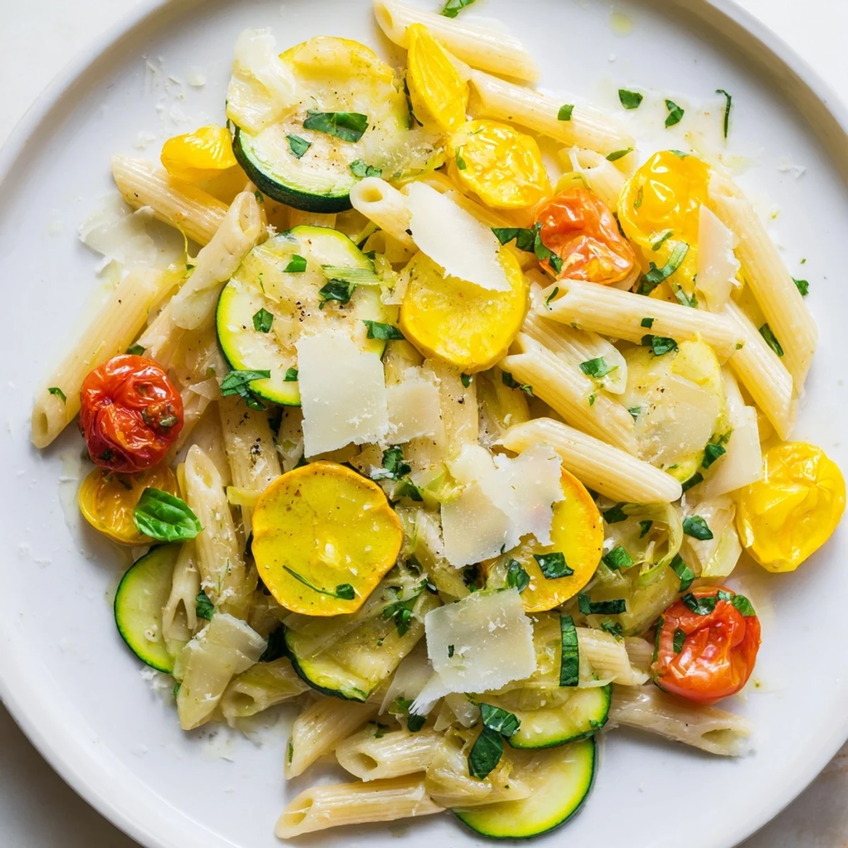 One-pan summer squash pasta skillet featuring tender zucchini, ripe tomatoes, and grated Parmesan over al dente rotini