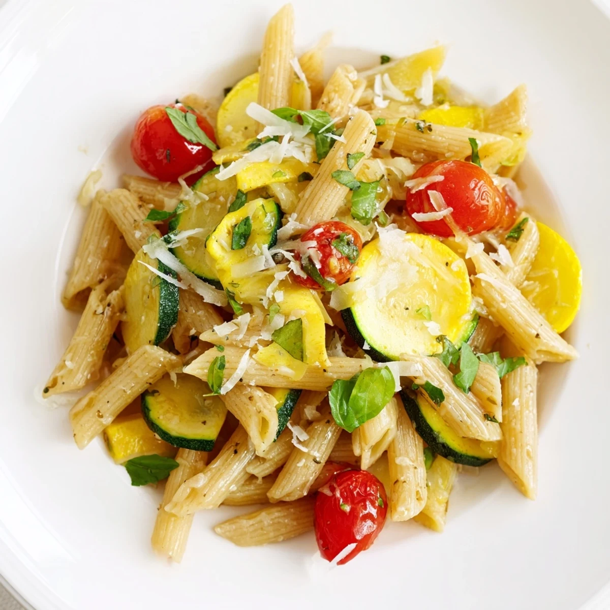 Vibrant skillet of summer squash pasta tossed with garlic, red pepper flakes, and torn herbs for easy weeknight dining