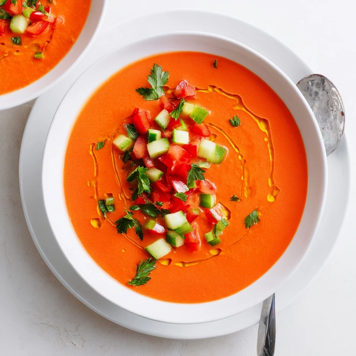 Chilled gazpacho soup with vibrant red tomato base and colorful vegetable garnish