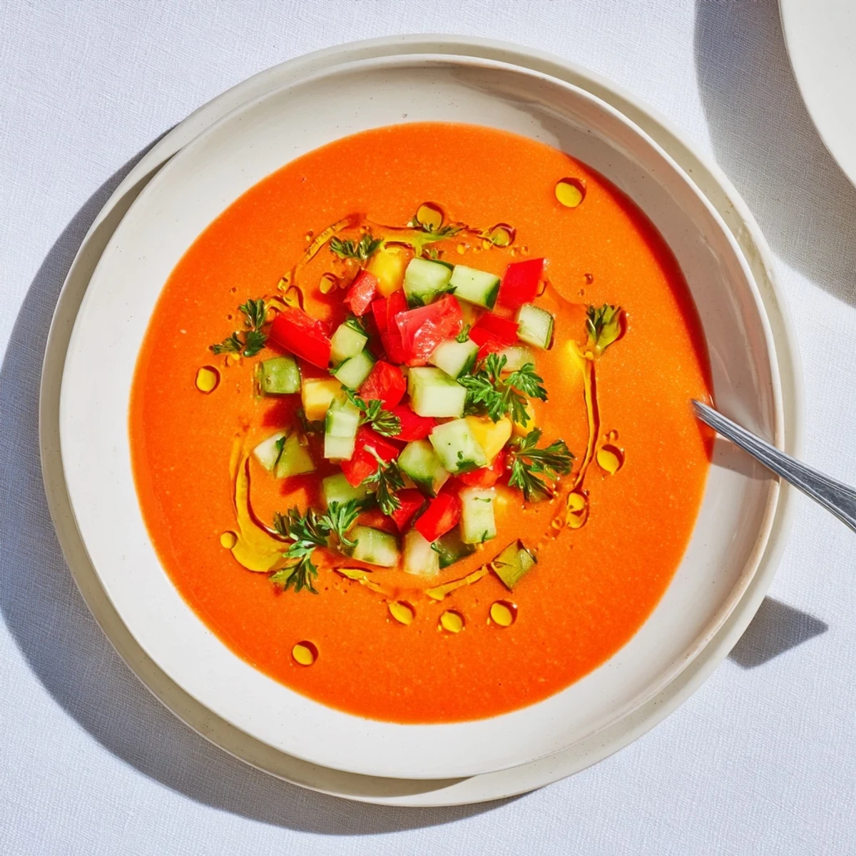 Bowl of refreshing Spanish gazpacho topped with diced cucumber and fresh herbs