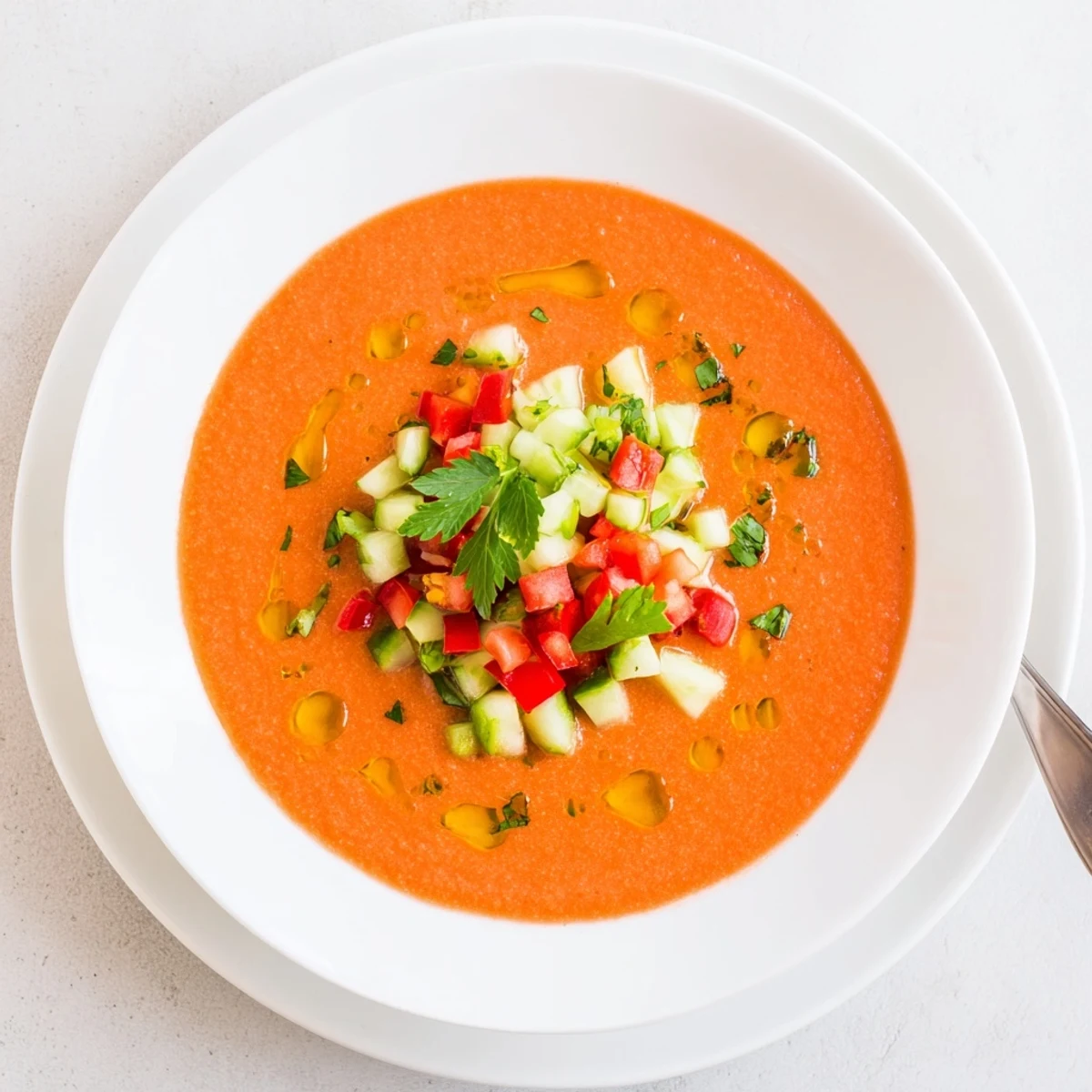 Creamy blended gazpacho recipe served in glass with olive oil drizzle