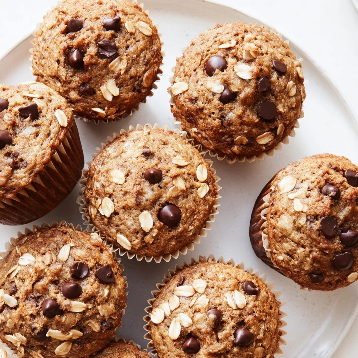 Freshly baked banana chocolate chip muffins with oats displayed on a cooling rack, golden tops dotted with melted chocolate