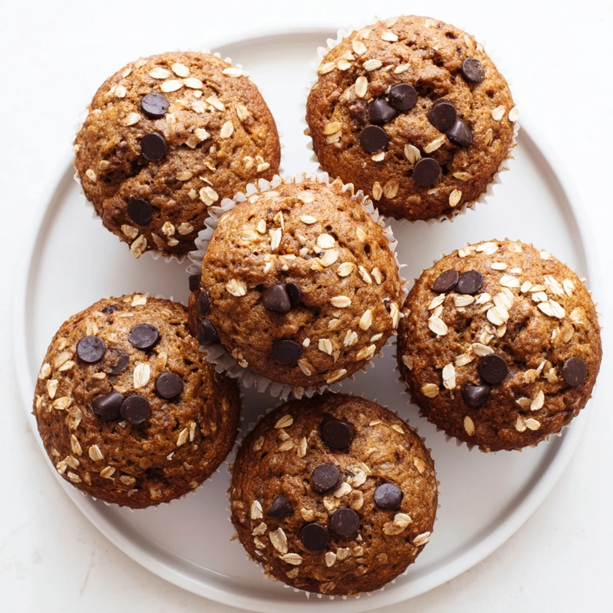 Homemade banana chocolate chip muffins with oats arranged on a wooden board, sprinkled with extra chocolate chips and oats
