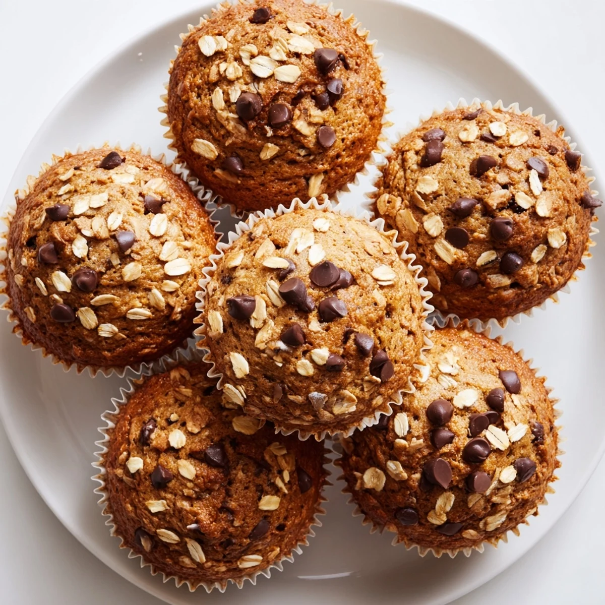 Soft moist banana chocolate chip muffins with oats ready for breakfast, showcasing tender texture and chocolate chip pockets