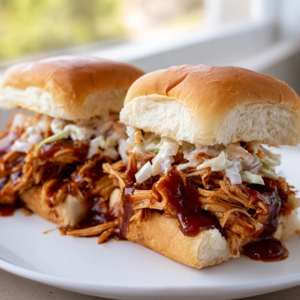 Tender shredded chicken in smoky barbecue sauce stuffed inside fluffy sweet slider buns