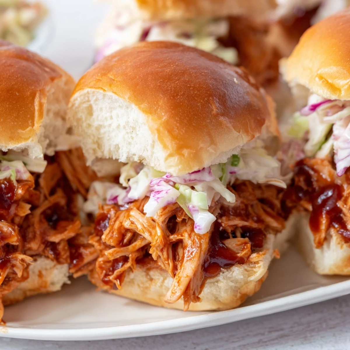 Golden BBQ pulled chicken sliders piled on sweet Hawaiian rolls with crispy coleslaw