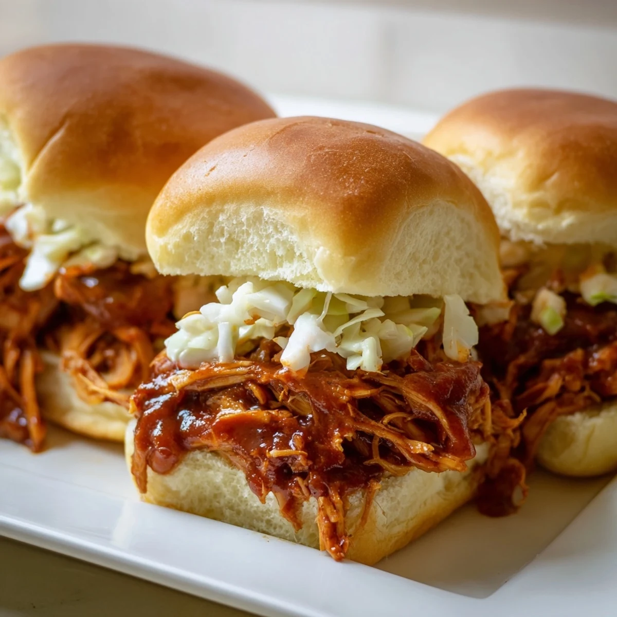 Hearty BBQ pulled chicken sandwiches on toasted Hawaiian rolls garnished with fresh coleslaw