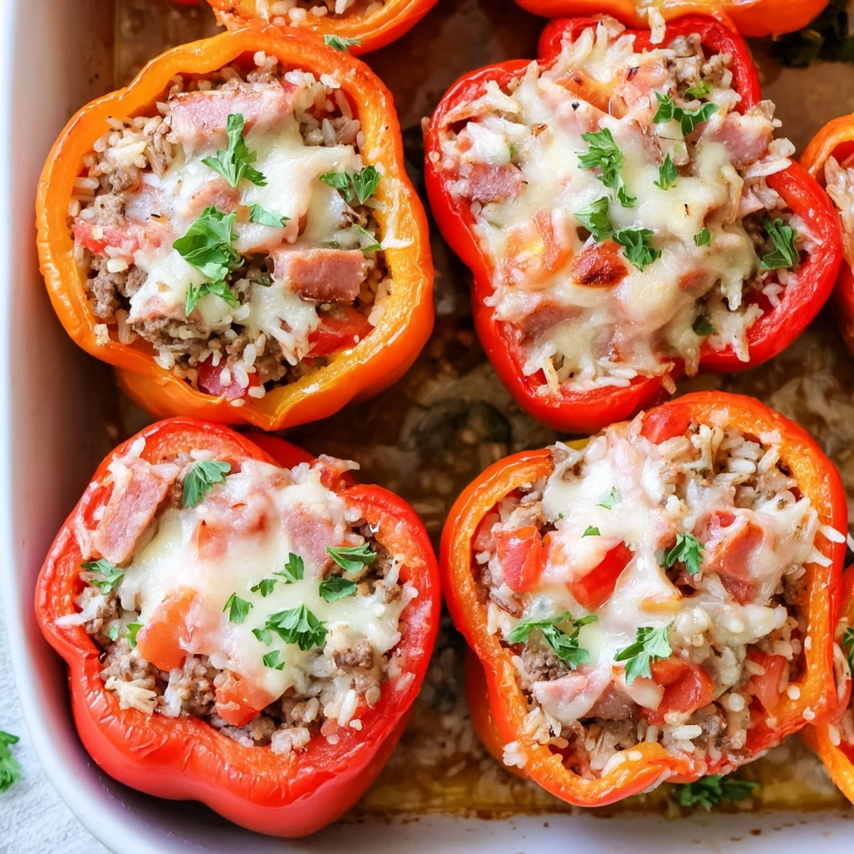 Four vibrant red bell peppers stuffed with kielbasa beef rice mixture topped with melted cheddar cheese garnished with fresh parsley