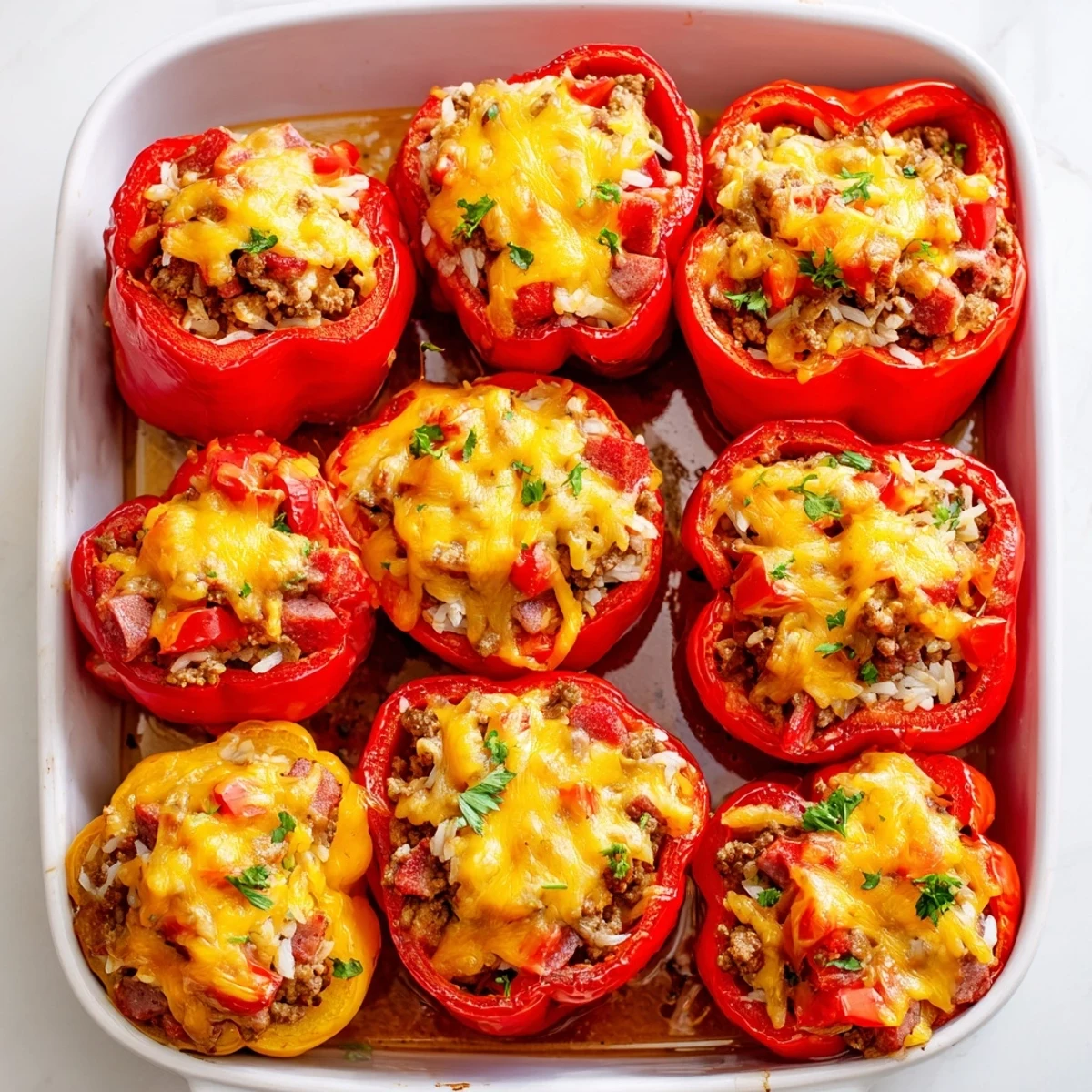 Golden-topped Kielbasa stuffed bell peppers overflowing with savory cheesy beef and rice filling on a white baking dish