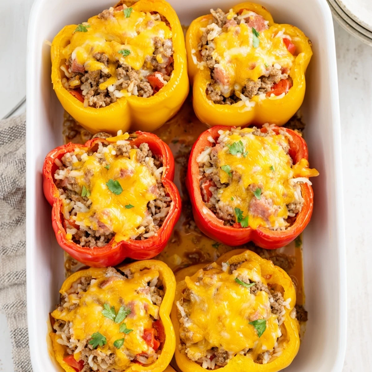 Baked stuffed bell peppers filled with ground beef kielbasa and rice topped with golden melted cheddar cheese close up view