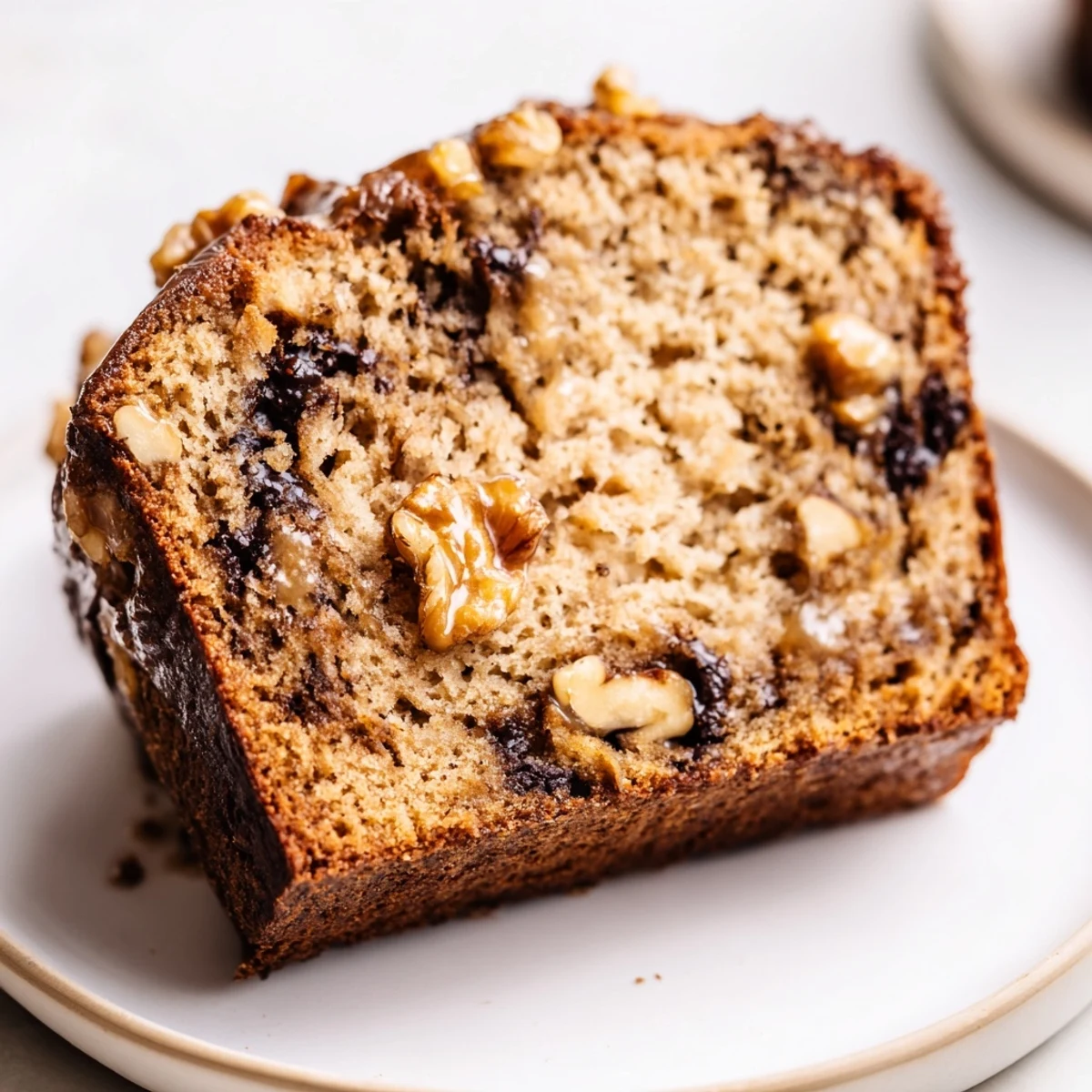 Golden slice of moist protein banana bread oil free on a wooden cutting board