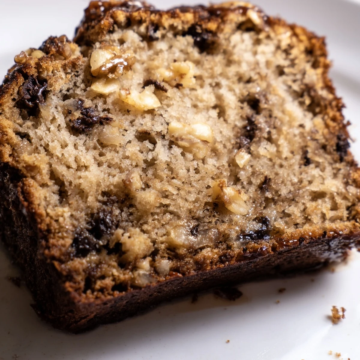Wholesome loaf of protein banana bread oil free with dark chocolate chips sprinkled on top
