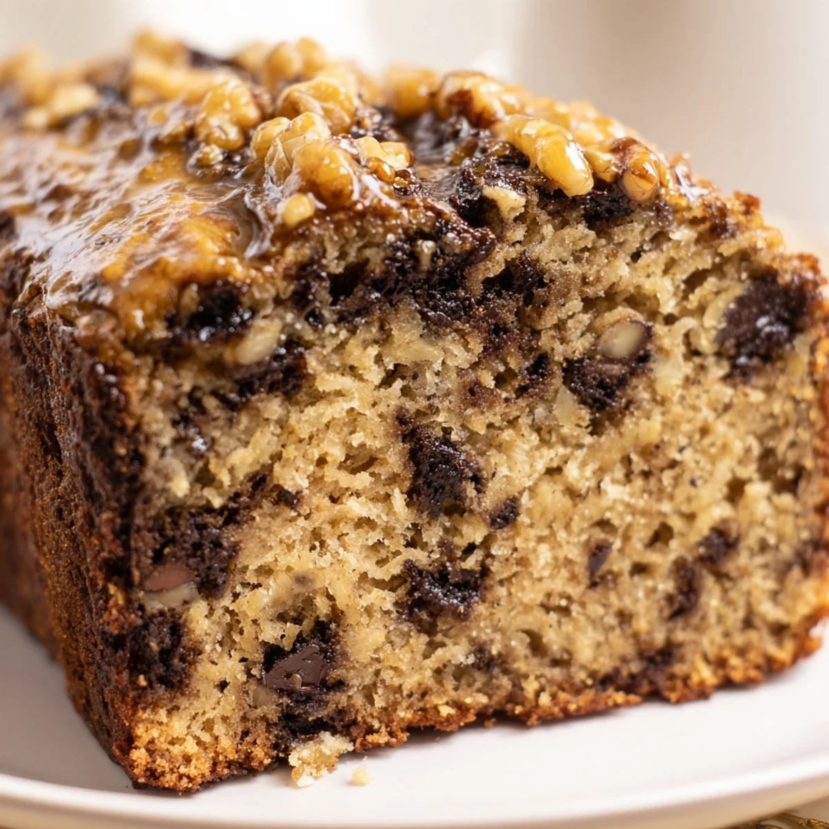 Thick slice of protein banana bread oil free served on a white plate with walnuts