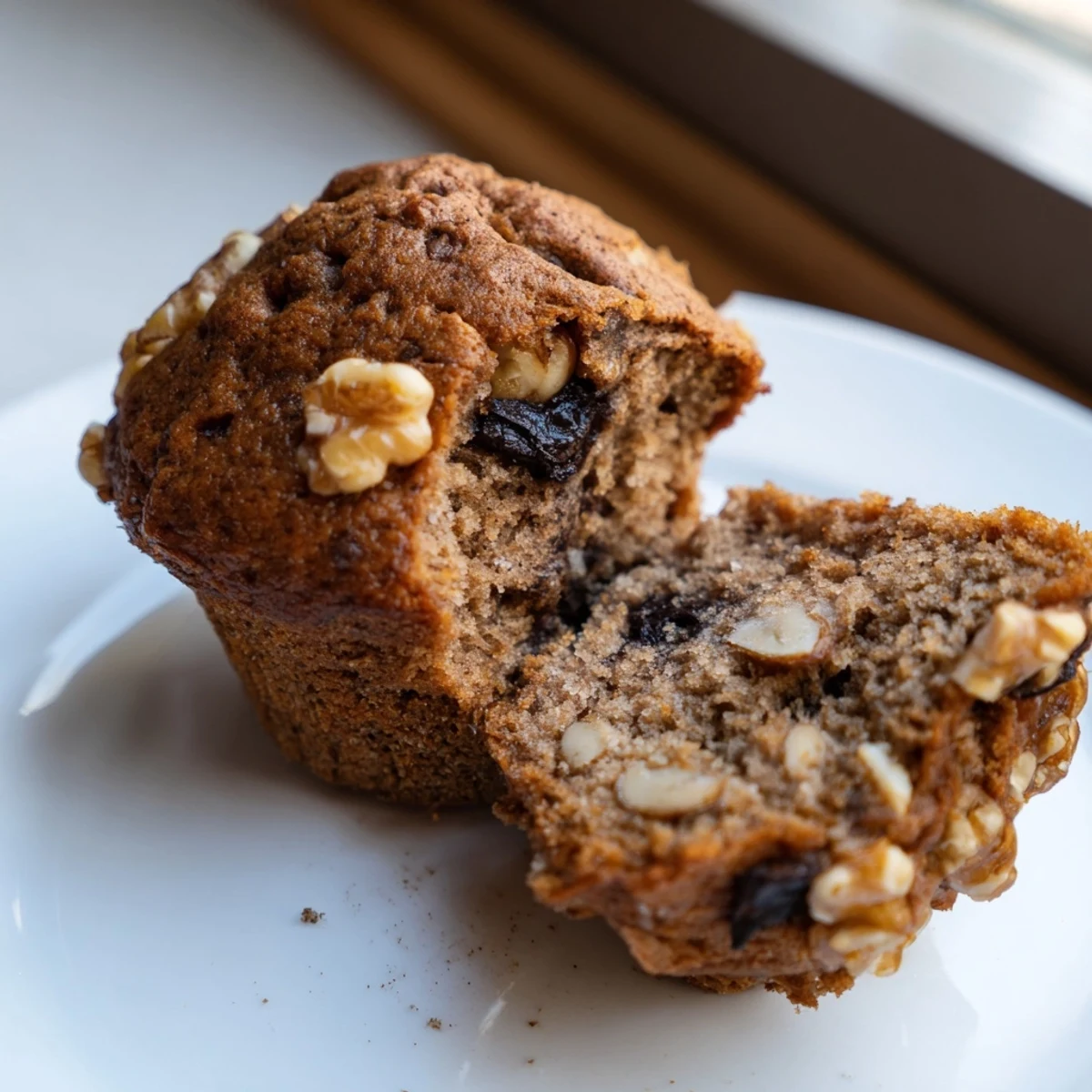 Whole wheat healthy banana nut muffins cooling on a wire rack with moist, tender crumb texture.