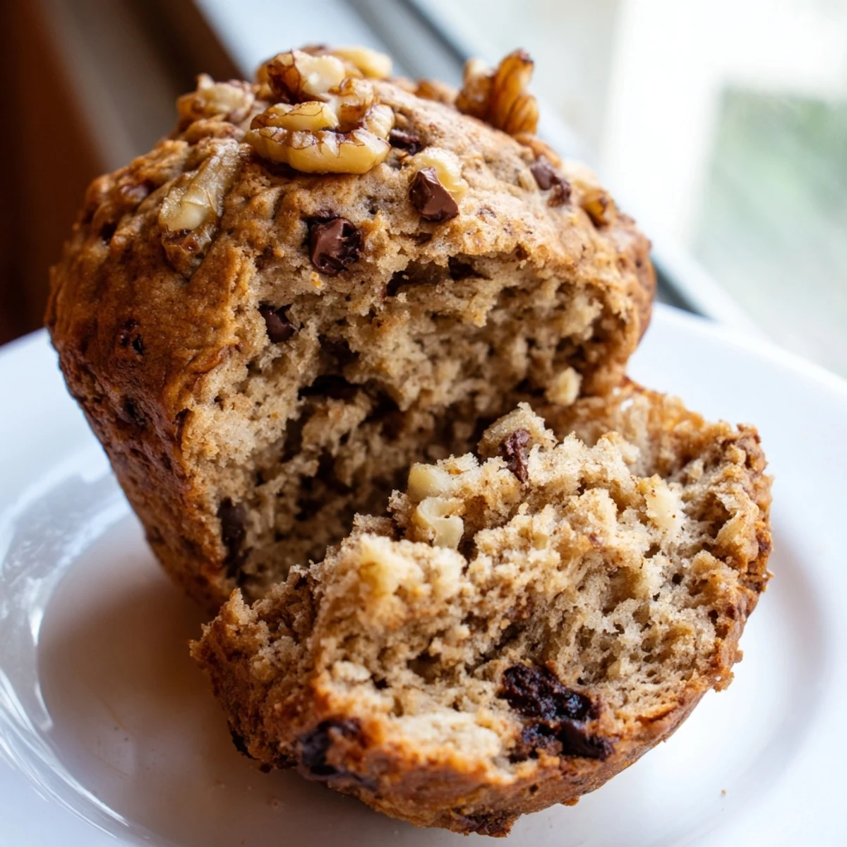 Freshly baked healthy banana nut muffins with golden tops and crunchy walnut pieces visible throughout.