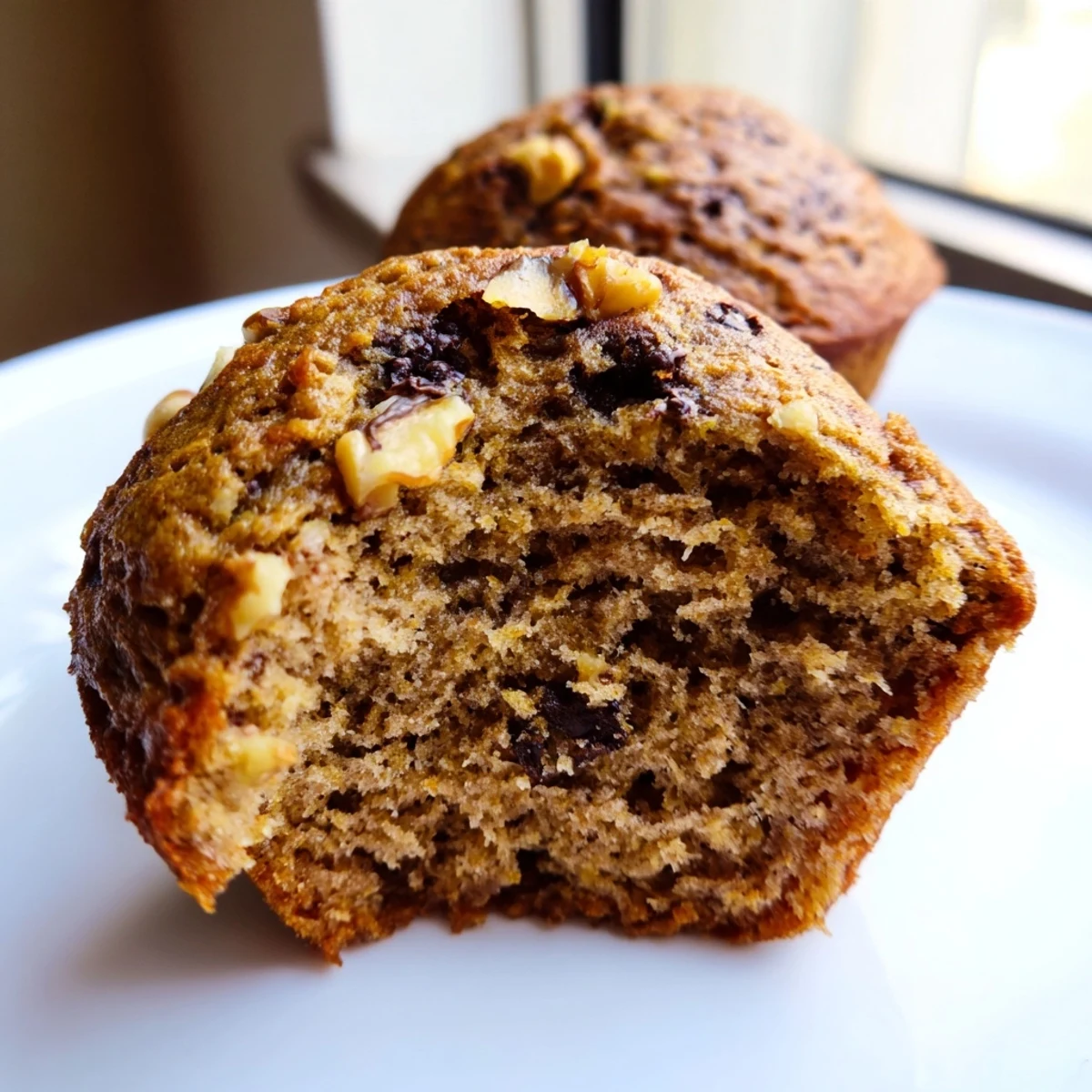 Batch of twelve healthy banana nut muffins speckled with chopped nuts and naturally sweet ripe bananas.