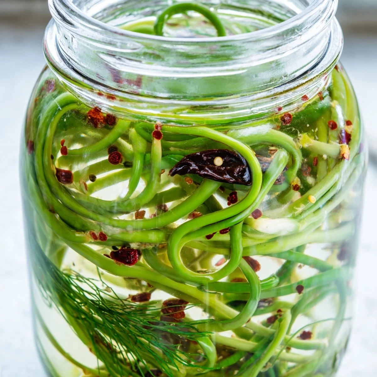 Golden jar of spicy pickled garlic scapes submerged in tangy vinegar brine with red pepper flakes and dill