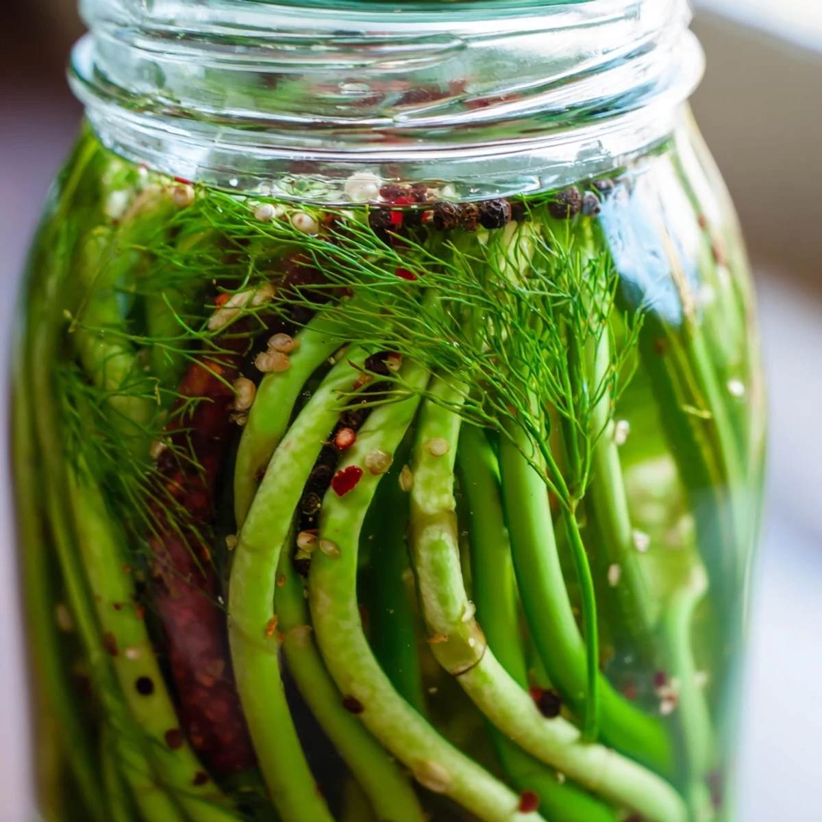 Vibrant green garlic scapes packed in glass jars with aromatic spices and chili for zesty homemade pickling