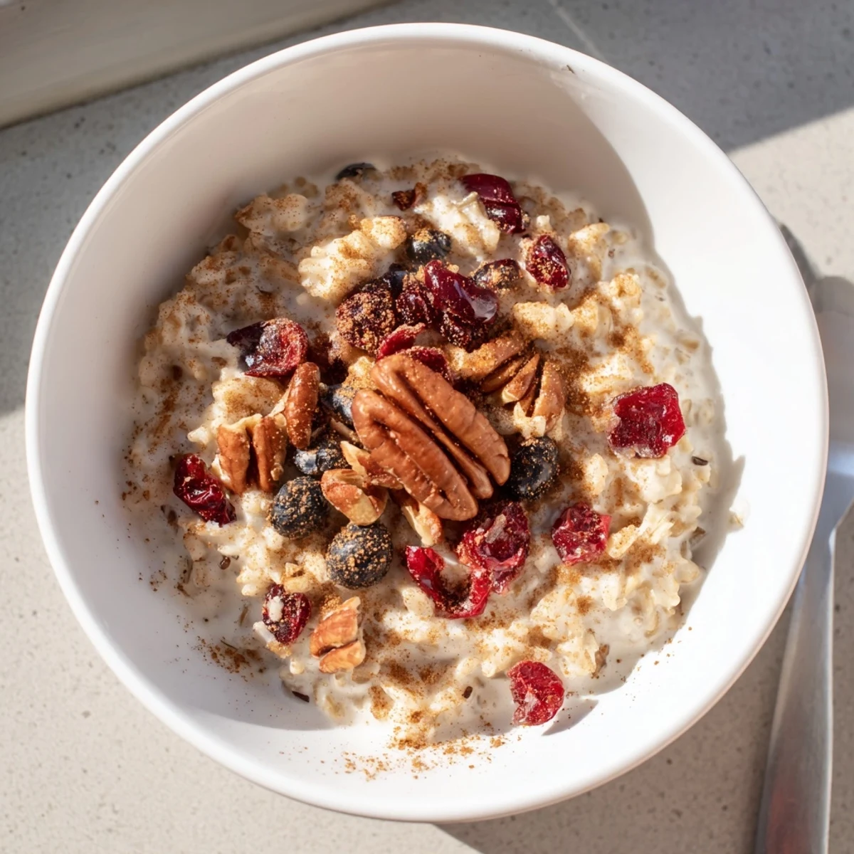 Creamy wild rice porridge bowl topped with fresh berries, pecans, and warm cinnamon spice