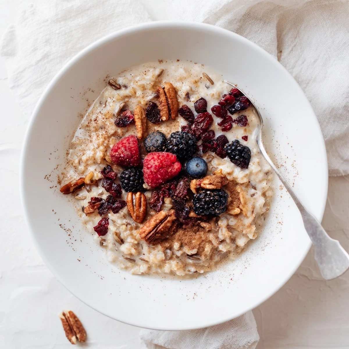 Steamy wild rice breakfast porridge drizzled with maple syrup and sprinkled with nutmeg