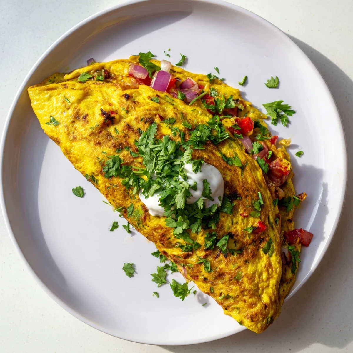 Golden healthy Afghani omelette bursting with fresh vegetables and aromatic spices on a white plate