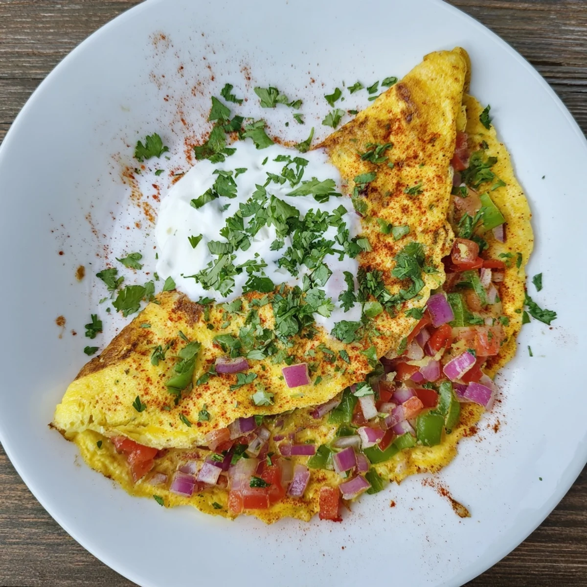 Vibrant vegetarian omelette topped with Greek yogurt, featuring colorful chopped vegetables and fragrant cilantro