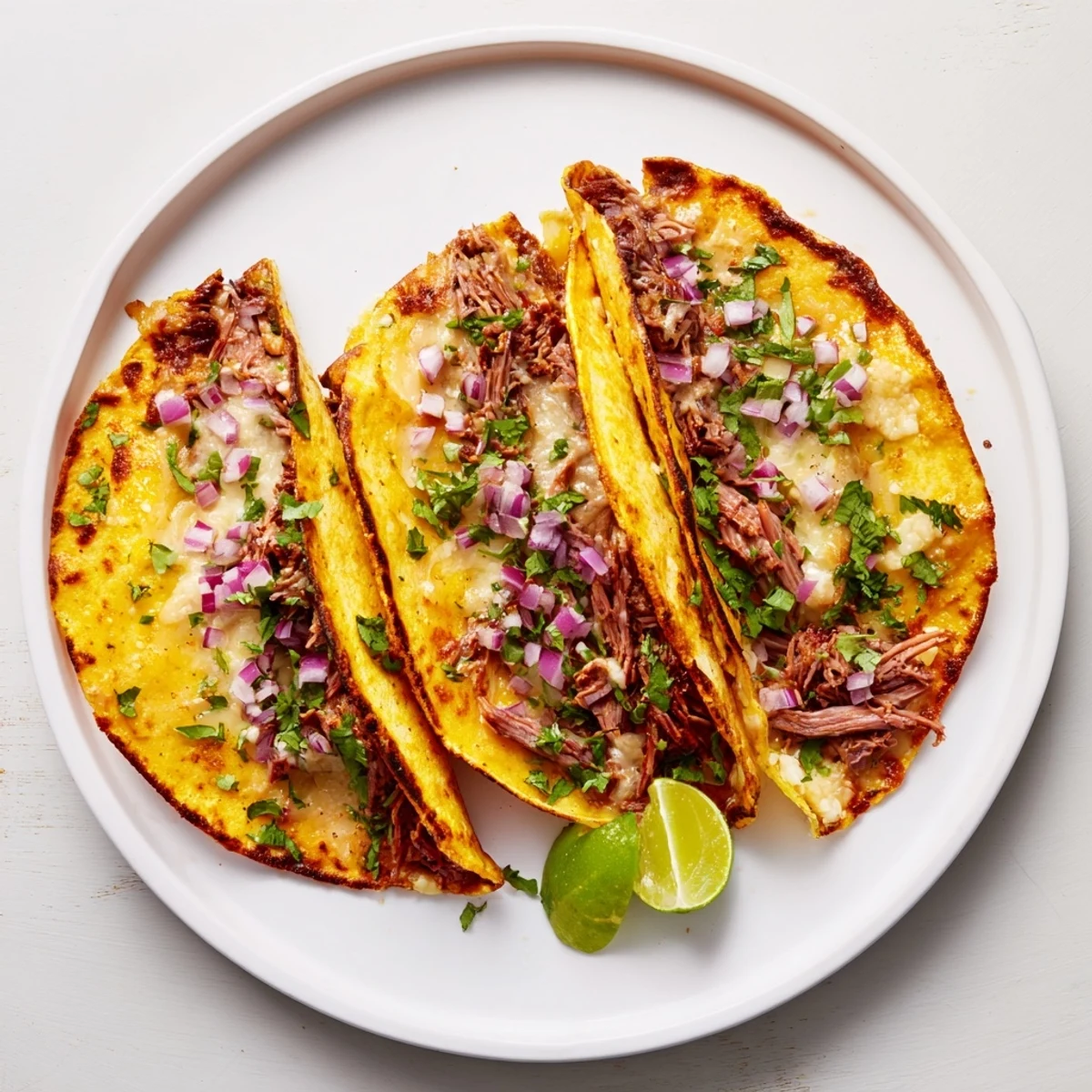 Savory slow-cooked beef nestled in tortillas with crunchy cheese crusts and lime wedges on plate.