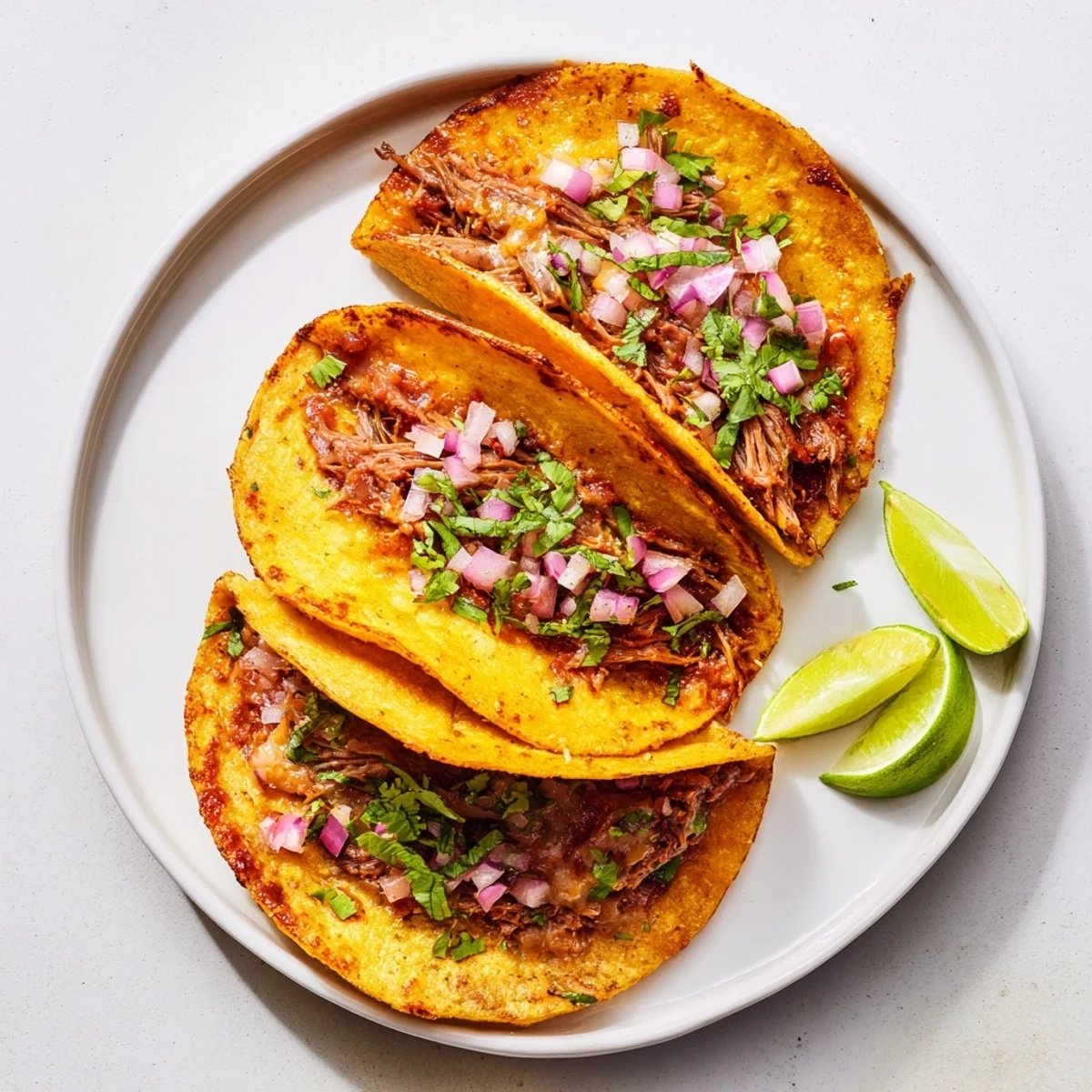 Golden shredded beef tacos with crispy melted cheese edges topped with fresh cilantro and red onion.