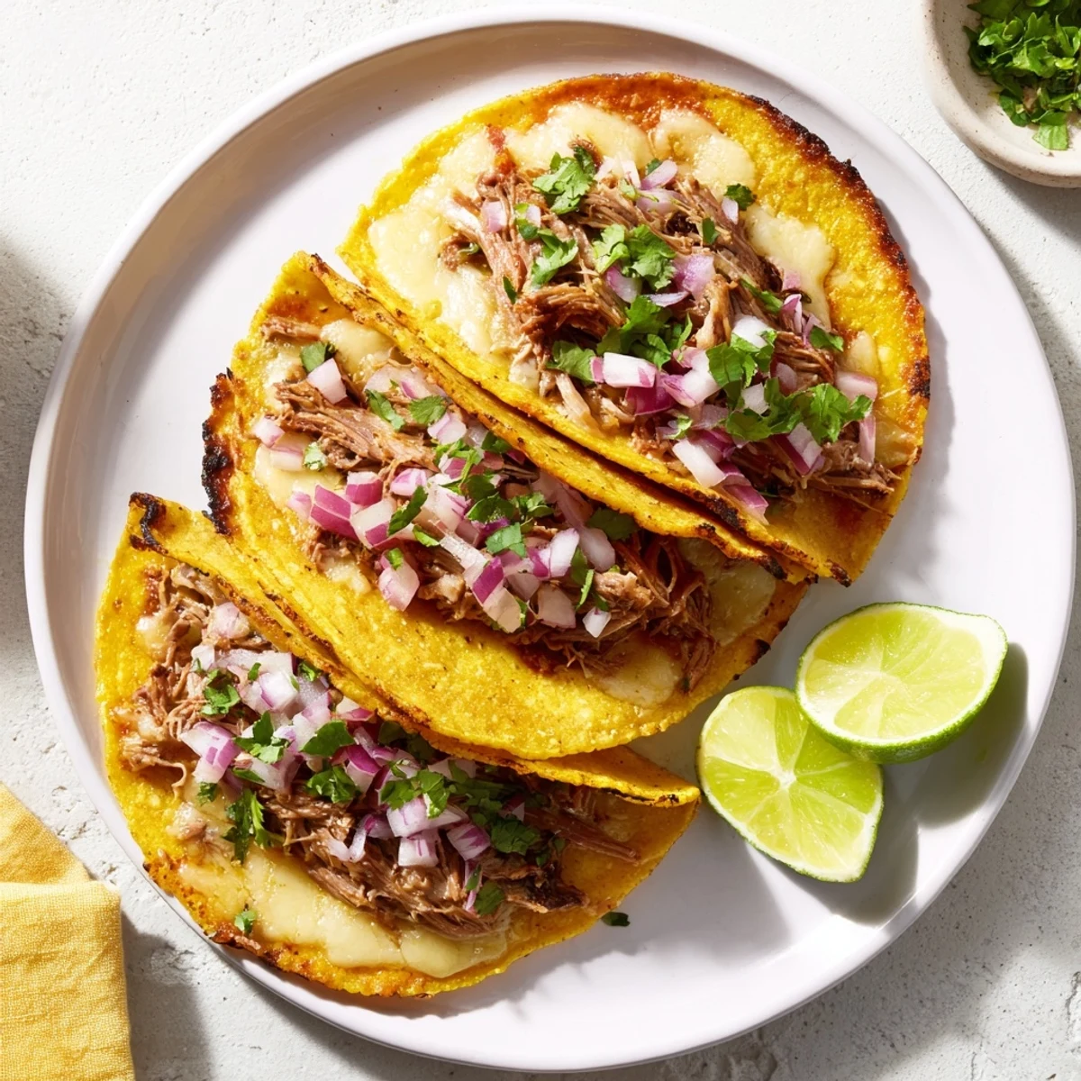 Tender spiced beef piled high on crispy cheese shells garnished with avocado salsa and cilantro.