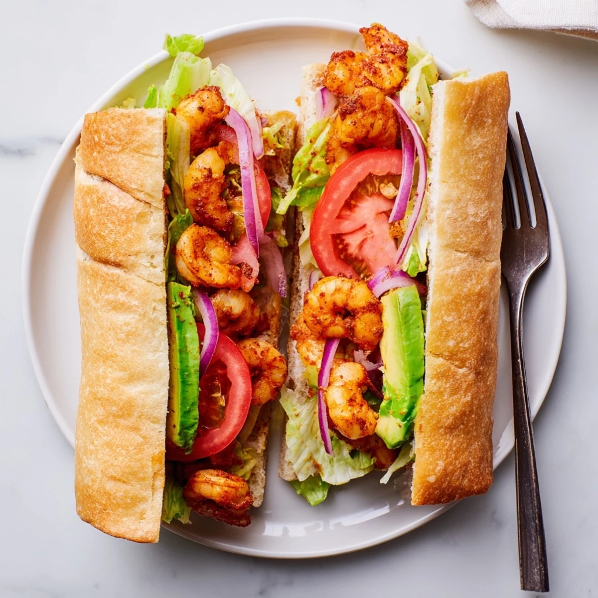 Golden sautéed shrimp layered with fresh avocado and crisp vegetables in a toasted shrimp sandwich