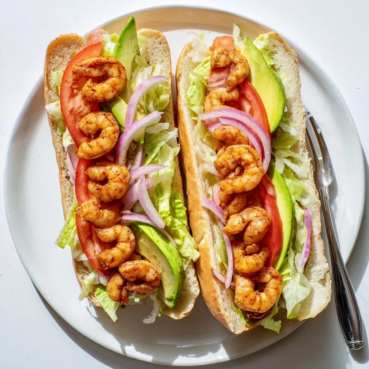 Close-up of shrimp sandwich featuring juicy seasoned seafood on buttery toasted bread with tangy mayo mustard sauce