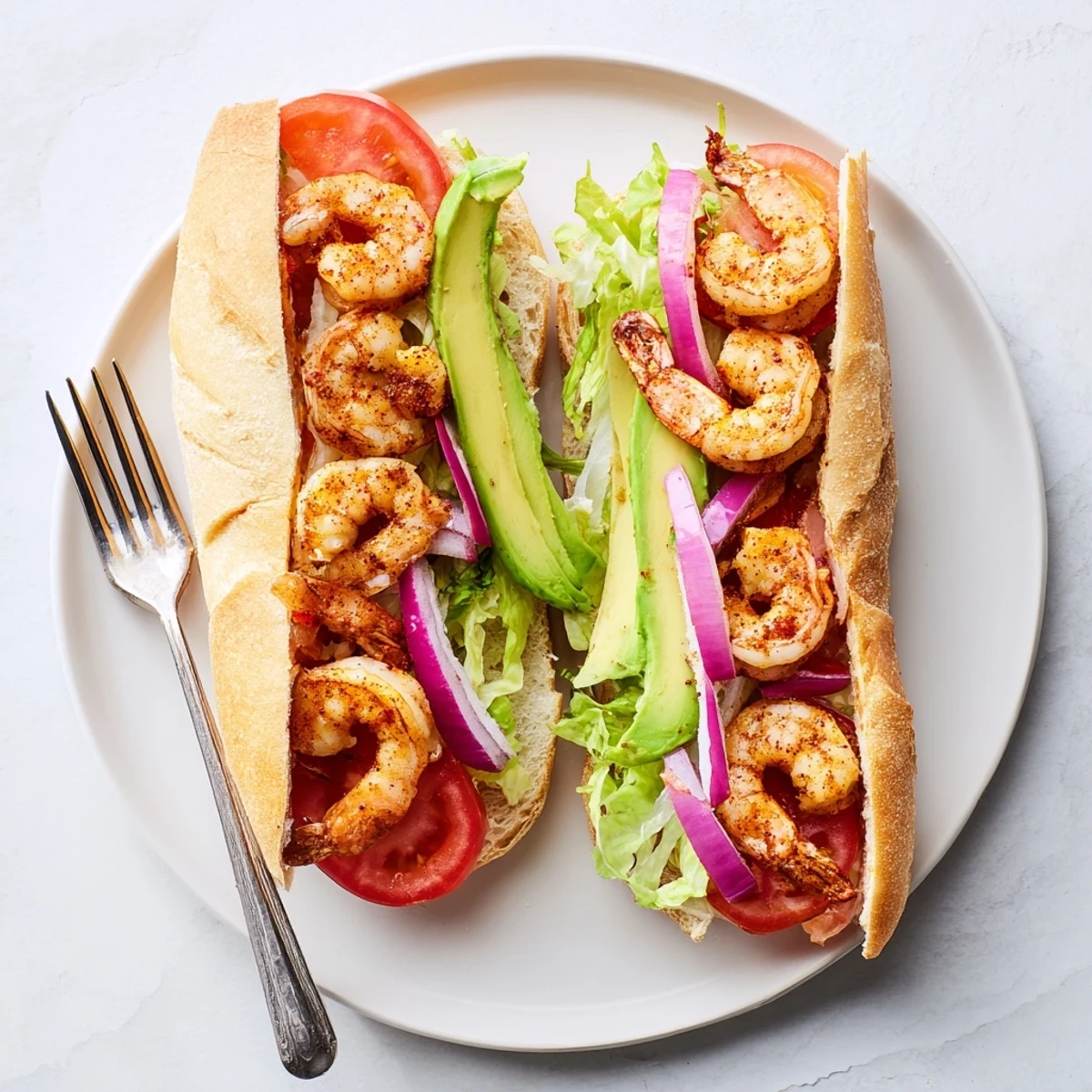 Satisfying shrimp sandwich overflowing with lettuce tomato and creamy avocado slices on a soft ciabatta roll