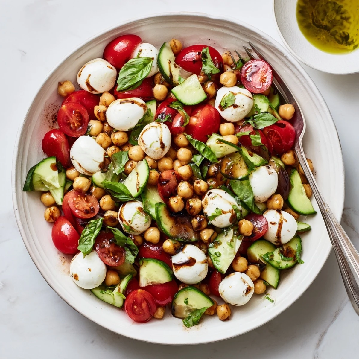 Fresh Caprese chickpea salad bowl with juicy tomatoes, mozzarella balls, and basil leaves drizzled with balsamic glaze