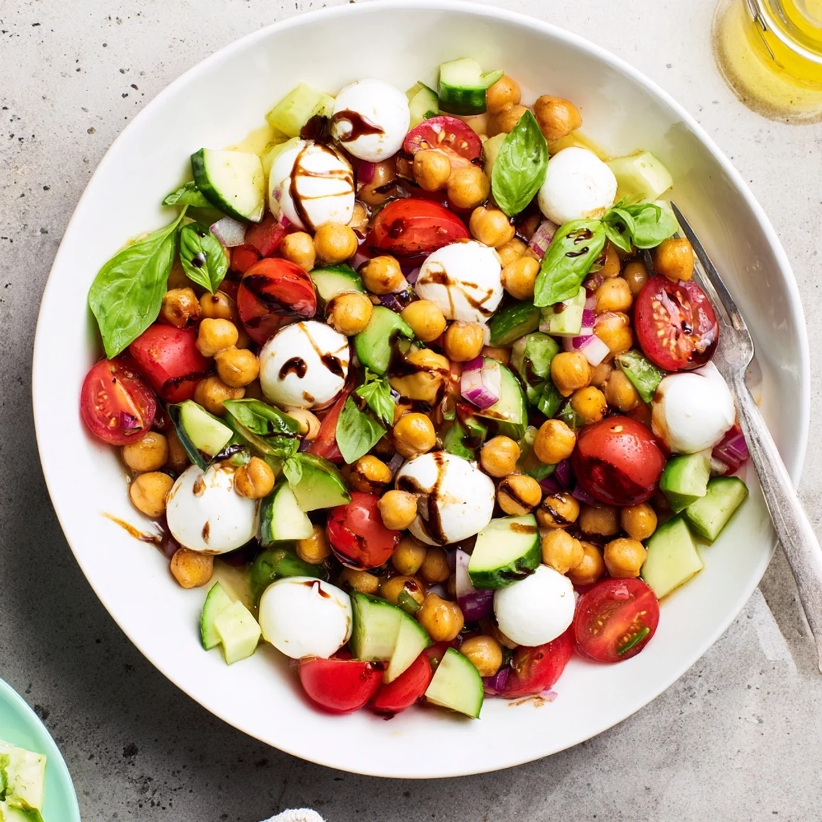 Protein-packed Caprese chickpea salad featuring tender chickpeas, cherry tomatoes, and creamy bocconcini on a white serving platter