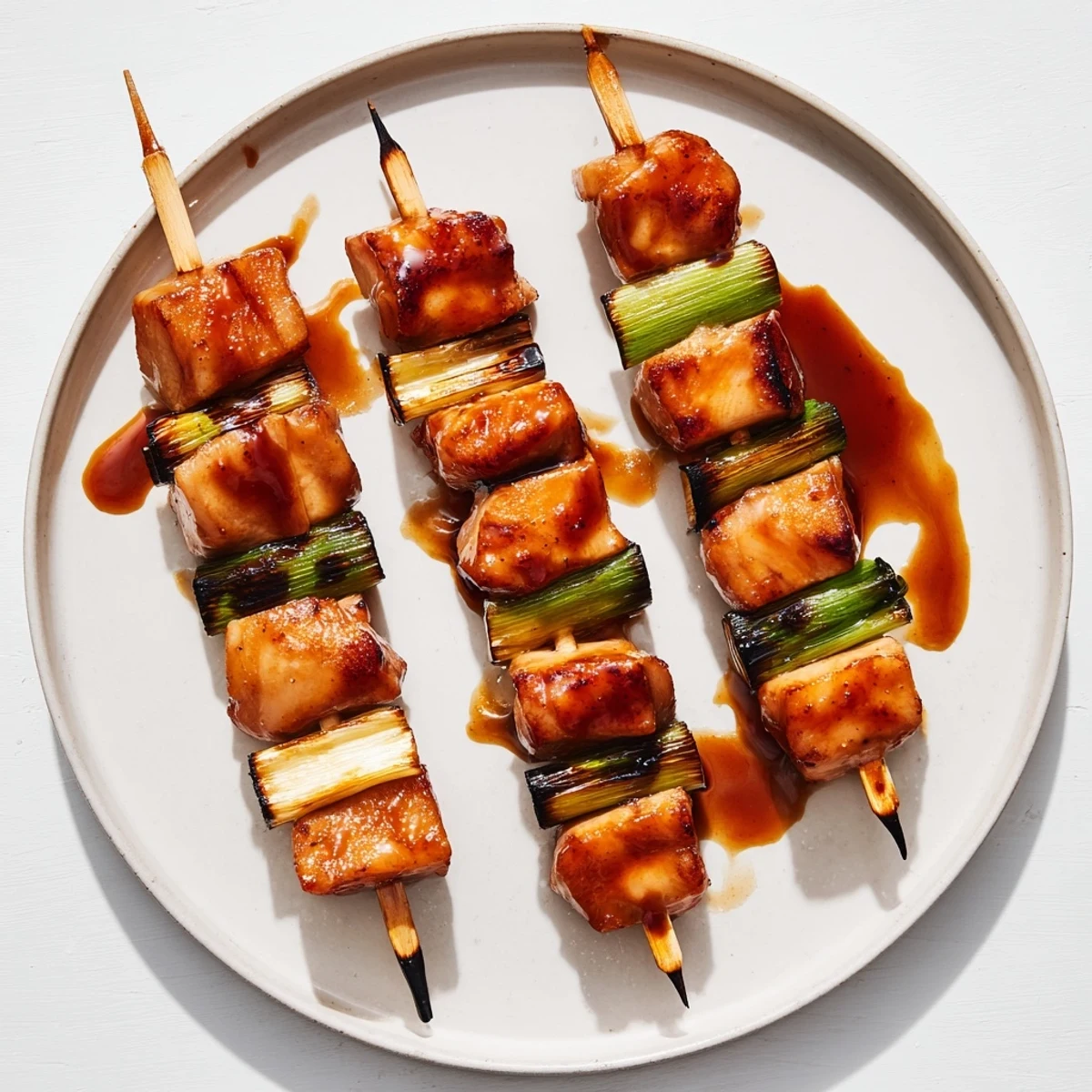 Japanese Chicken Yakitori Recipe: glossy grilled skewers, savory-sweet glaze, steaming rice.