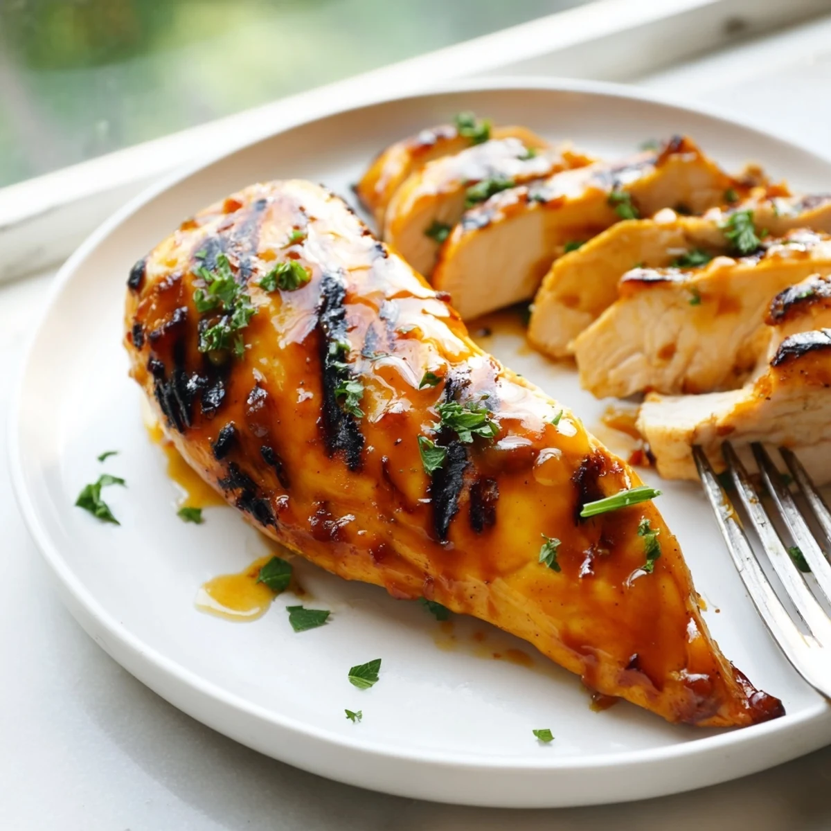 Golden Orange Dijon grilled chicken breasts with charred grill marks and fresh orange garnish