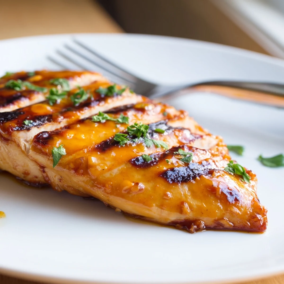 Sliced Orange Dijon grilled chicken resting on a plate with citrus slices and parsley sprinkle