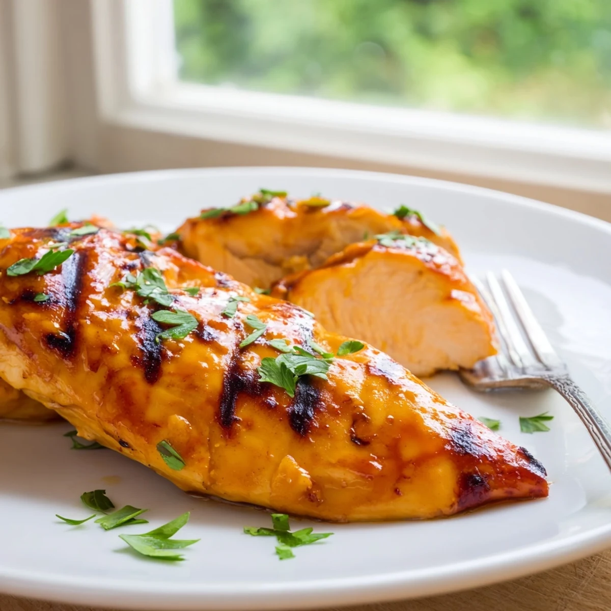 Juicy grilled chicken marinated in tangy orange Dijon sauce, perfectly cooked with caramelized edges