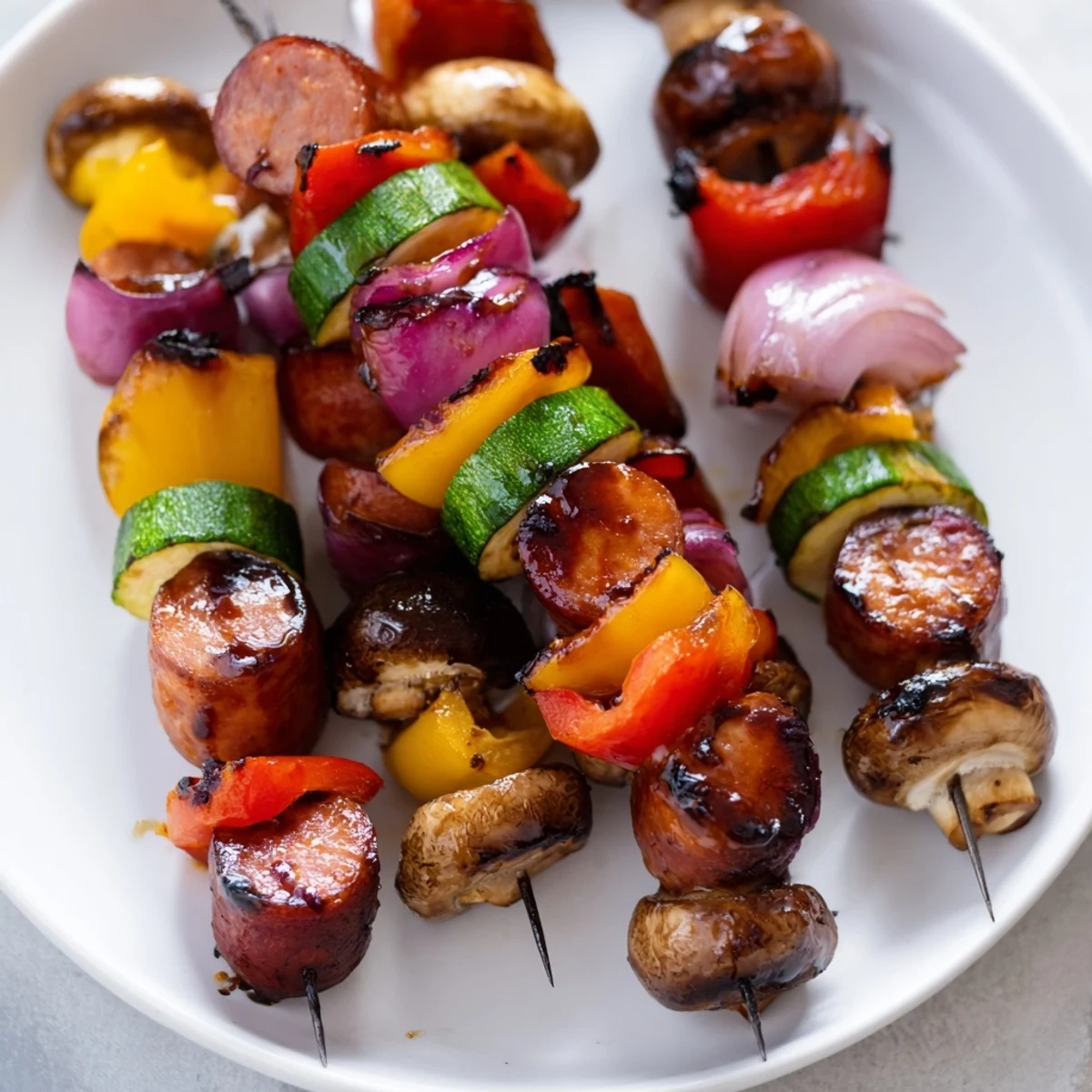 Golden grilled kielbasa kabobs coated in sticky balsamic honey glaze with charred colorful vegetables