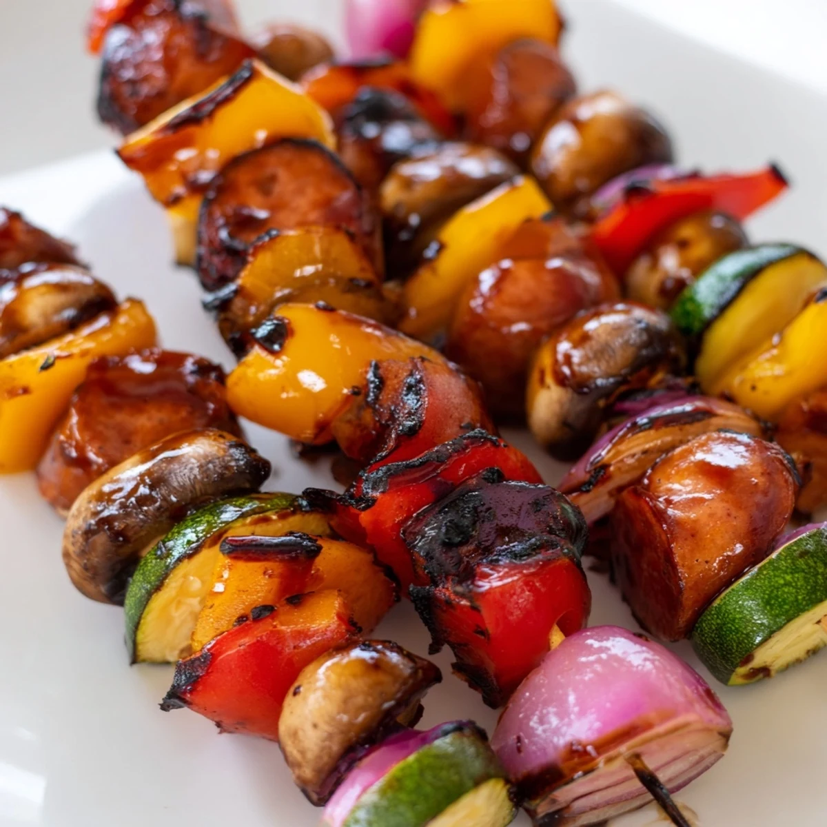 Skewered kielbasa sausage and vibrant veggies grilled until caramelized with sweet tangy honey balsamic glaze