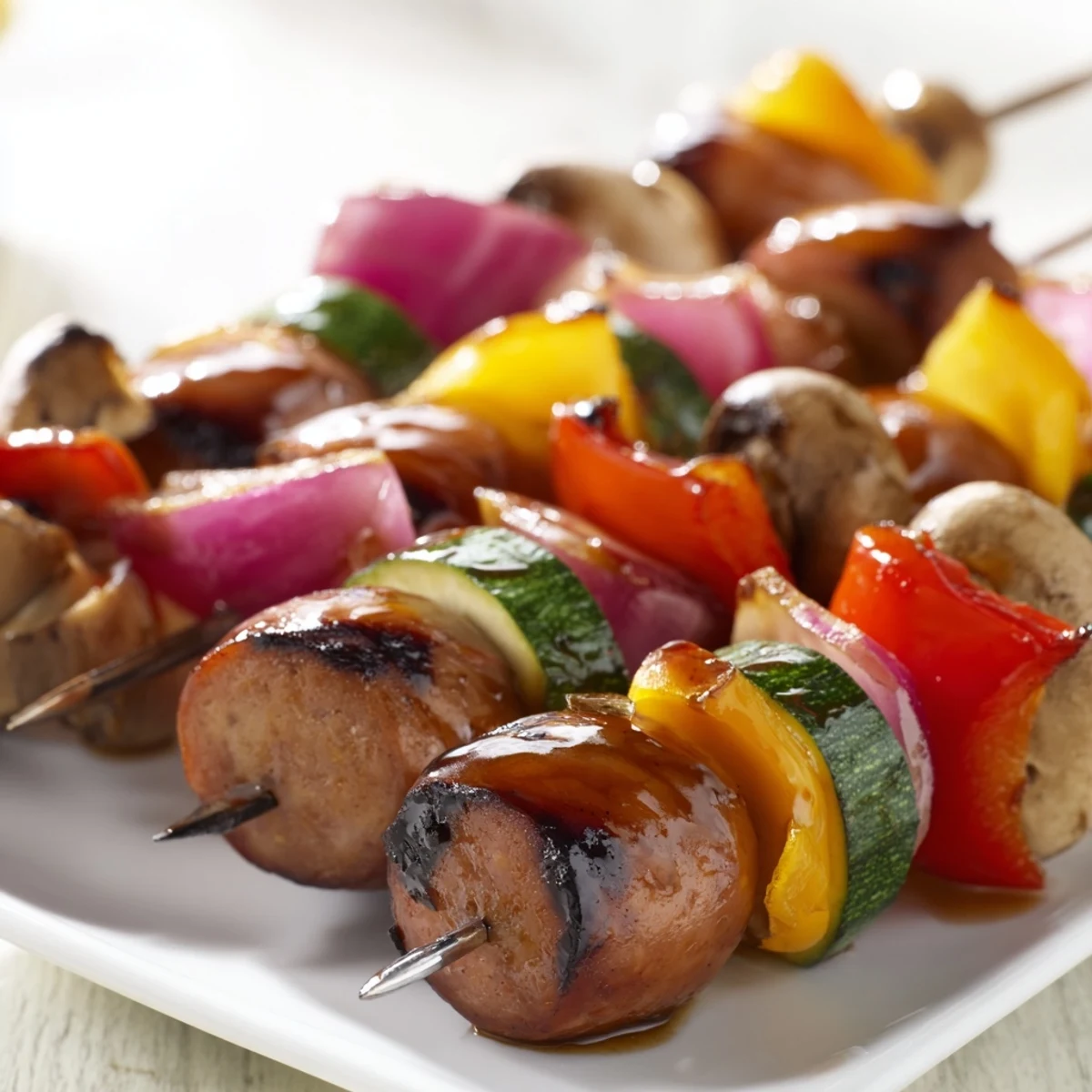 Sizzling grilled kielbasa kabobs brushed with balsamic honey glaze featuring smoky sausage and tender crisp vegetables