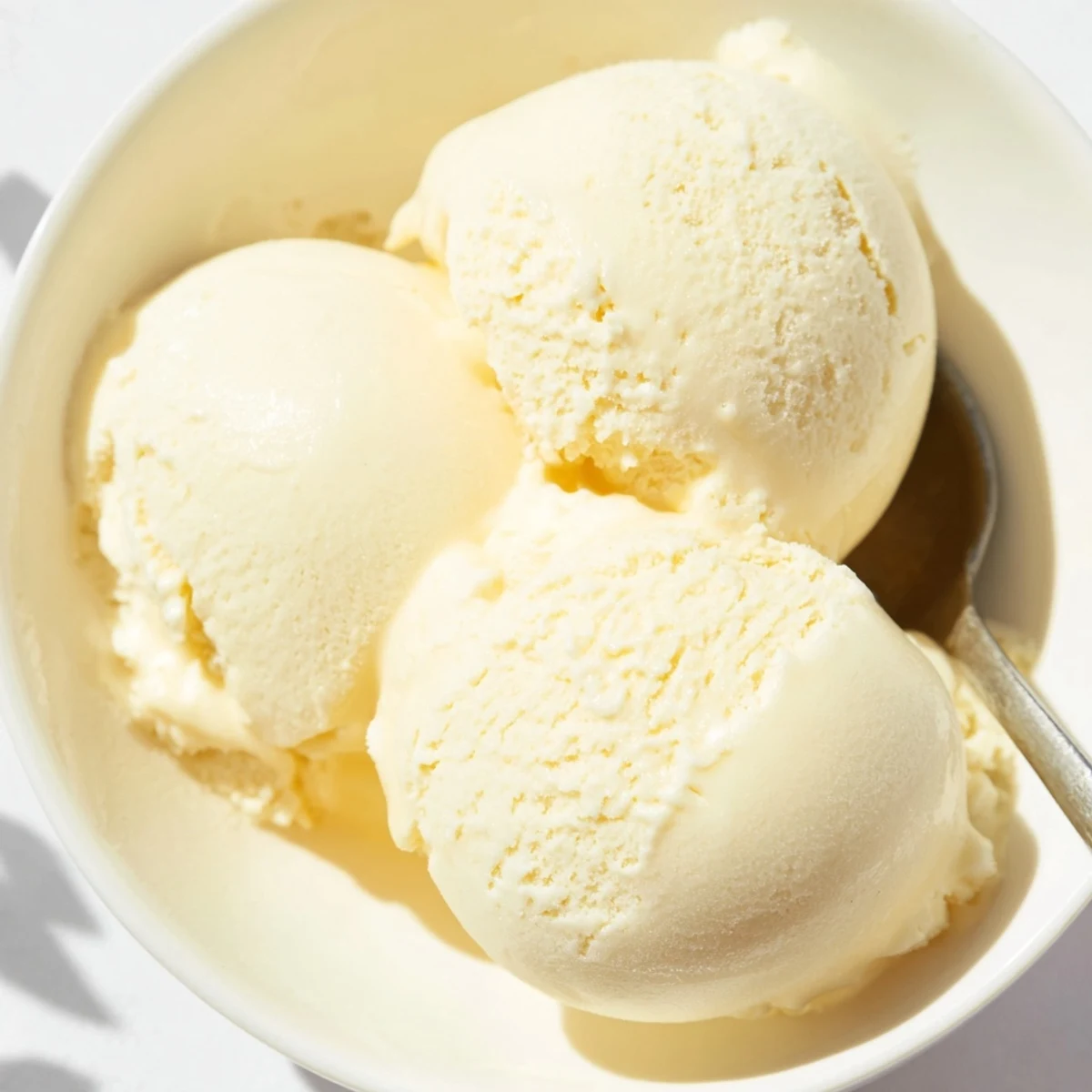 Creamy homemade vanilla ice cream recipe scooped into a chilled glass bowl with a silver spoon