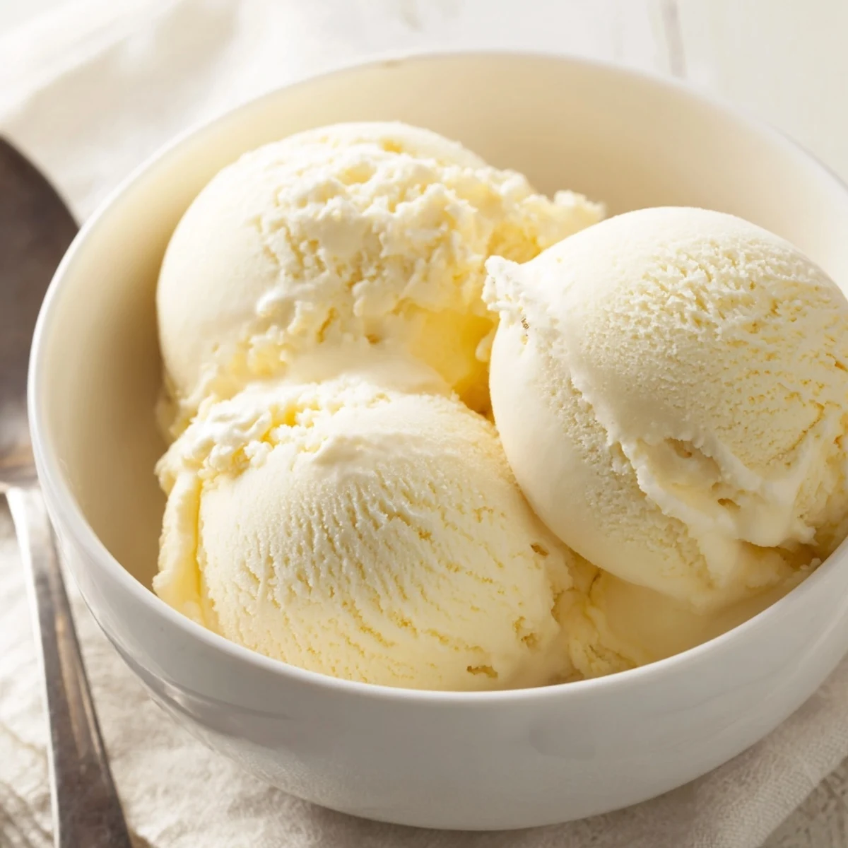Rich vanilla ice cream recipe showing smooth custard texture swirled into a vintage ceramic serving dish