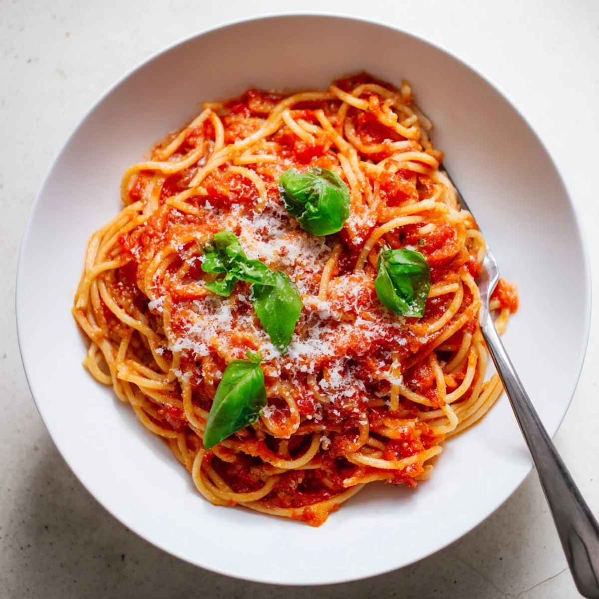 Steaming plate of pasta coated in rich tomato sauce garnished with fresh basil leaves