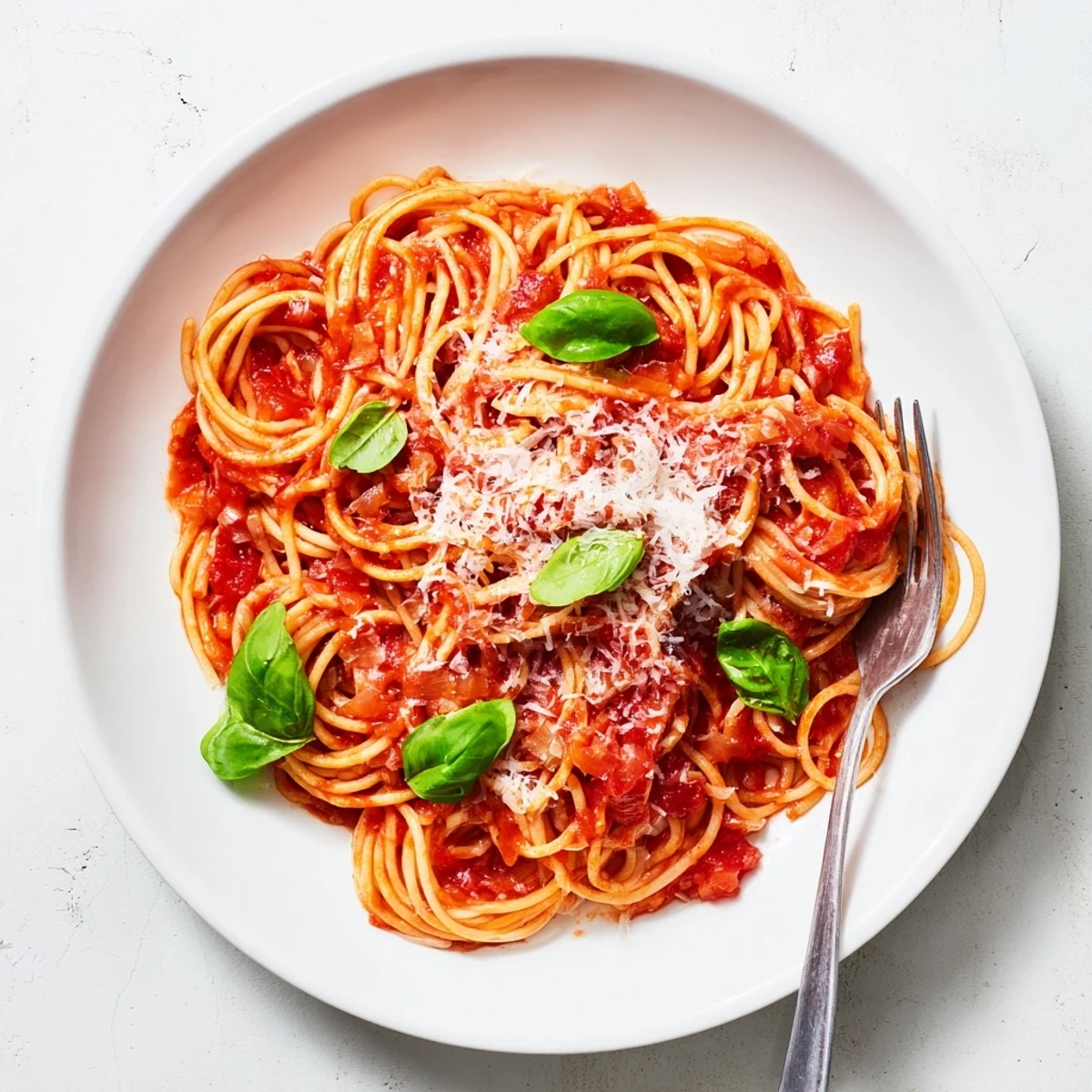 Golden strands of pasta swimming in homemade tomato sauce topped with grated Parmesan cheese