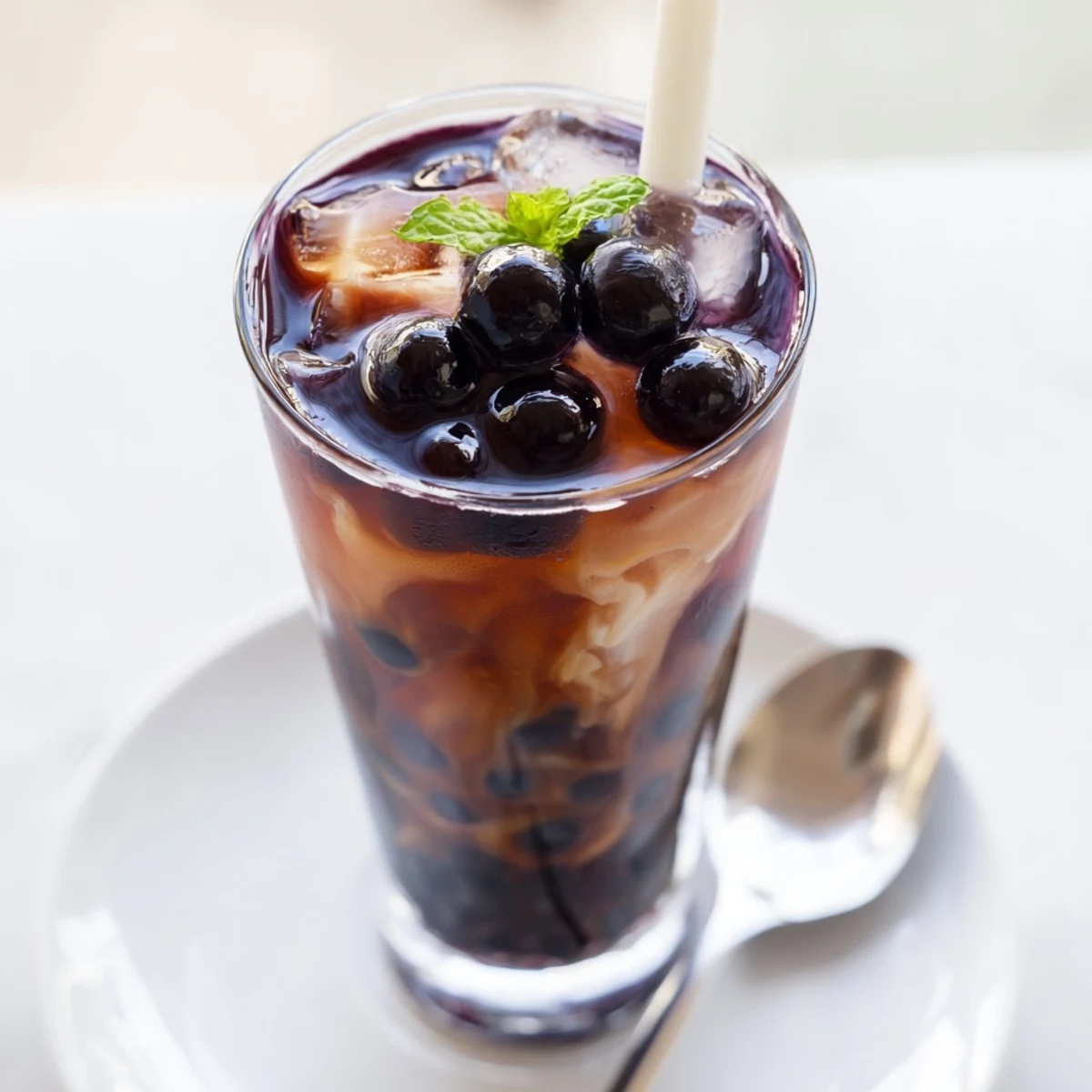 Tall glass of Blueberry Milk Tea Cooler with chewy boba and ice