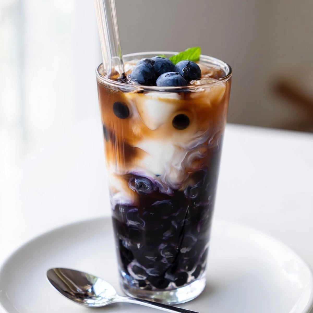 Refreshing homemade Blueberry Milk Tea Cooler served with wide straw for sipping