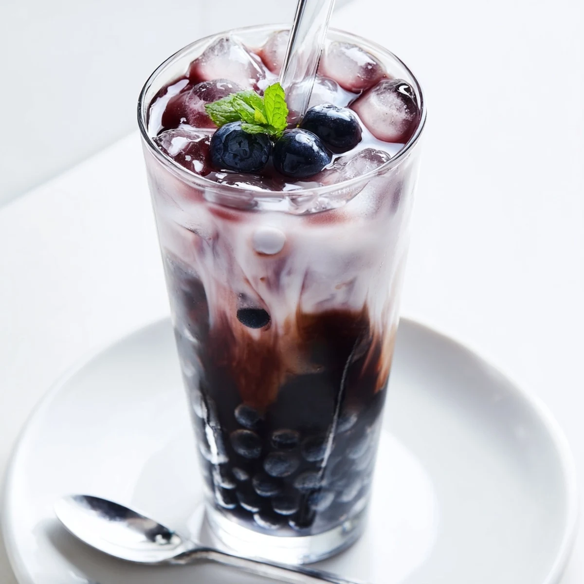 Creamy Blueberry Milk Tea Cooler poured over ice, garnished with fresh blueberries