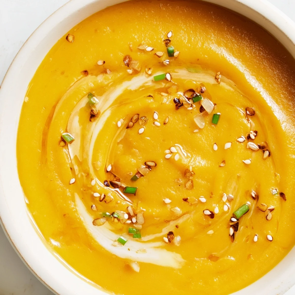 Bowl of Carrot Ginger Miso Soup Recipe, silky orange puree, scallions and sesame