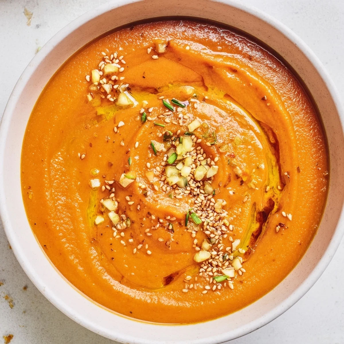 Creamy Carrot Ginger Miso Soup Recipe served with crusty bread and scallion garnish